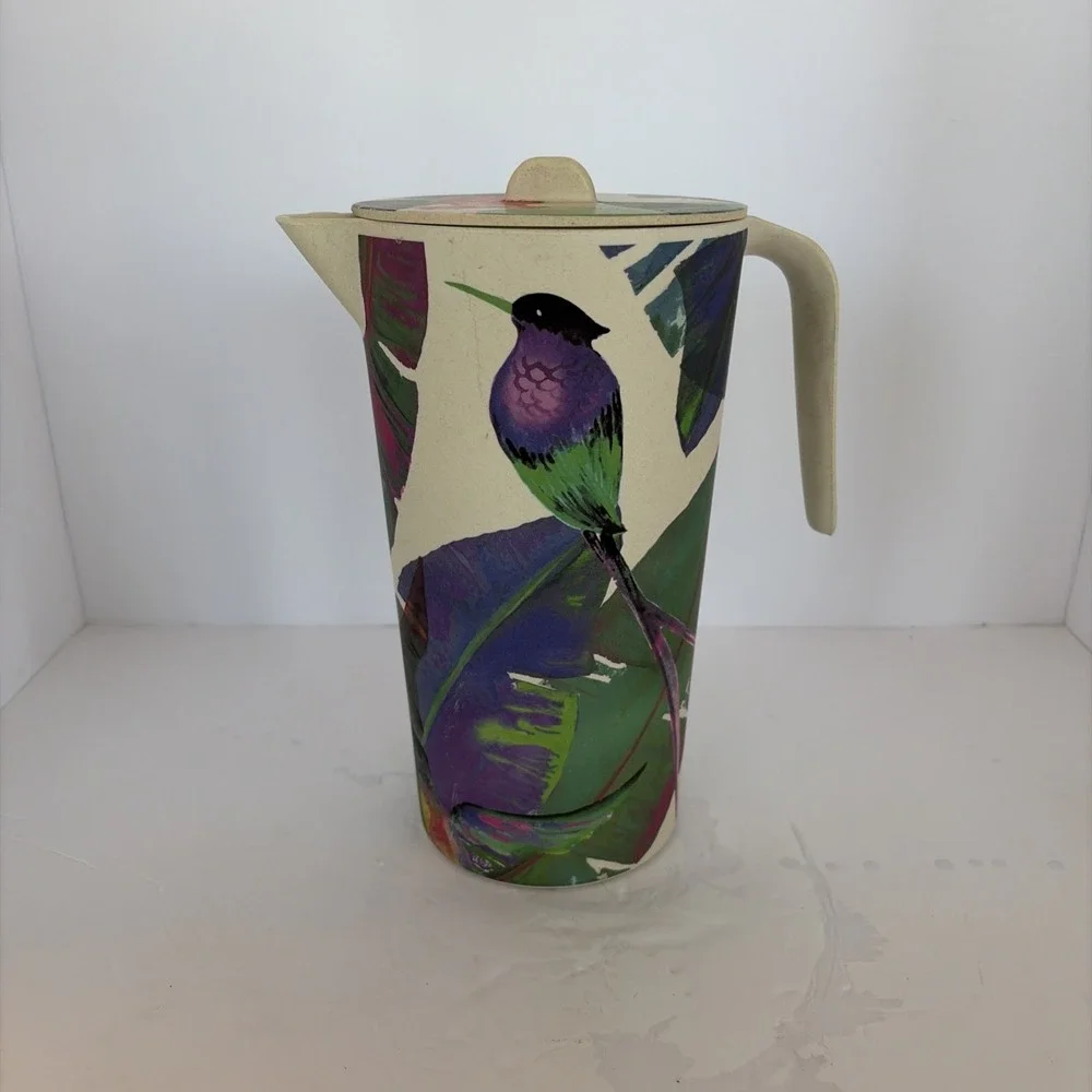 Bamboo Tropical Bird Pitcher Anthropologie style Tropical Summer Tiki Colorful‎